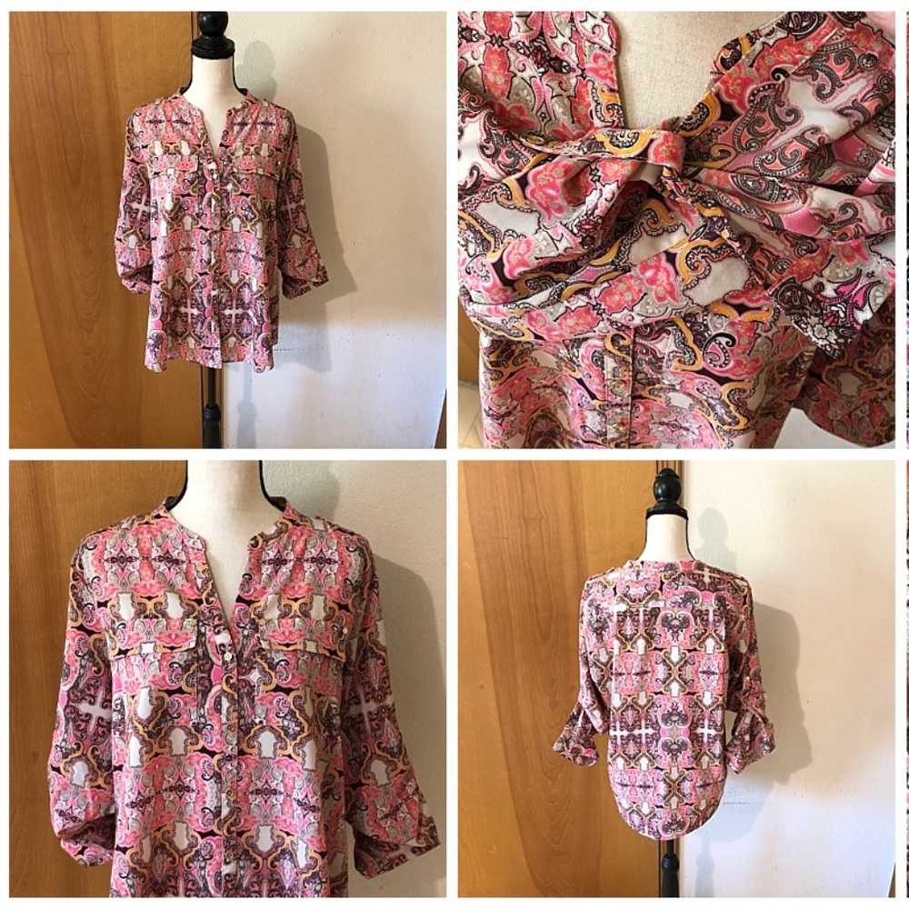 Pink Orange Kaleidoscope Button Front Roll Tab LS